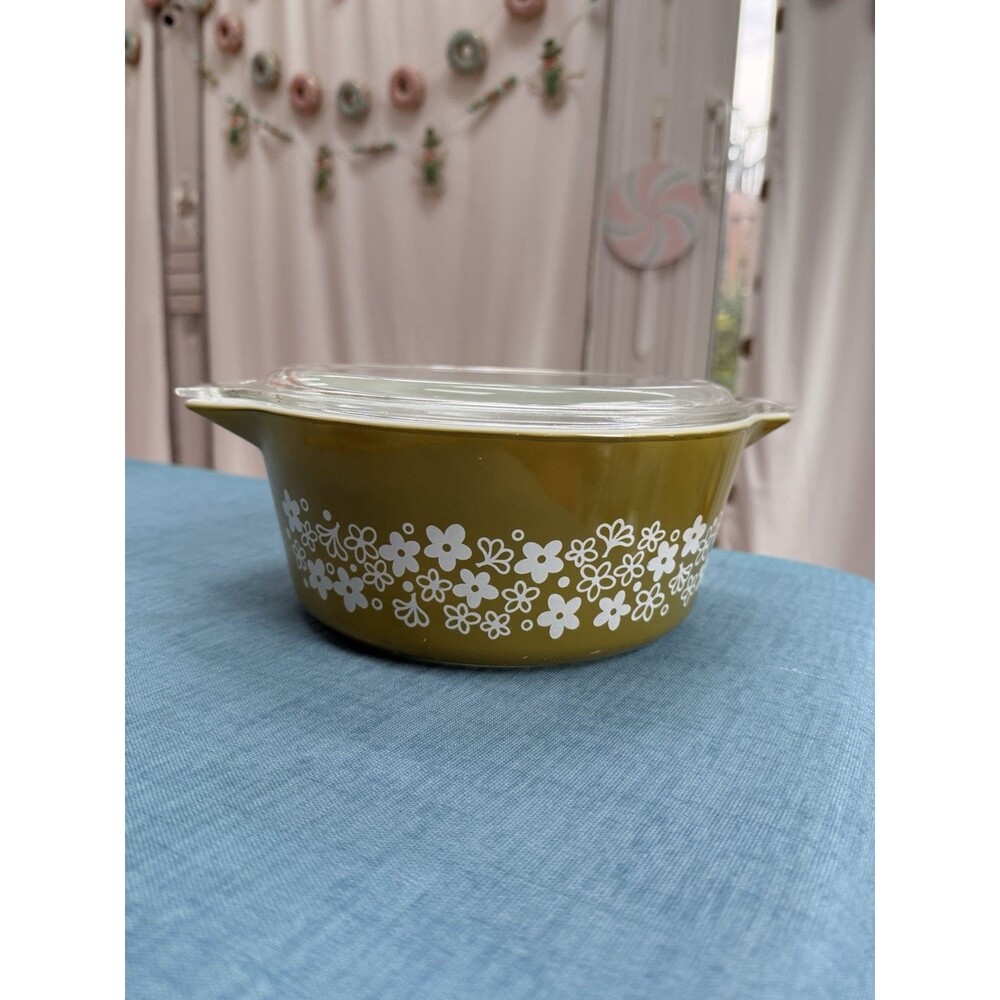 VTG PYREX 475-B GREEN SPRING BLOSSOM CRAZY DAISY 2.5 QT CASSEROLE DISH w/ LID